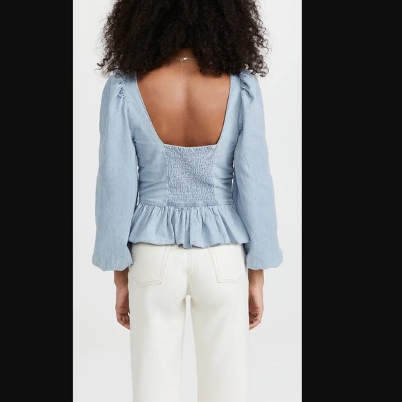 NWT SHOPBOP LOVE THE LABEL DENIM PUFF SLEEVE TOP SIZE S - Picture 2 of 5